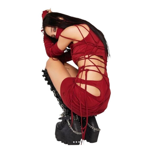 Dolls Kill Darer Wave‎ Womens XXS Modulation Oxblood Strappy Cut Out Dress - Picture 4 of 9